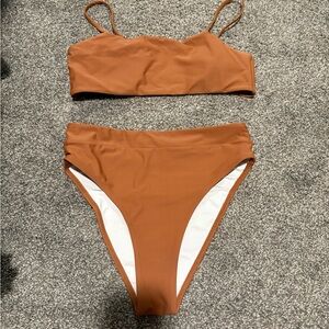 Amazon bandeau bikini top and high waisted bikini bottoms rust brown color small